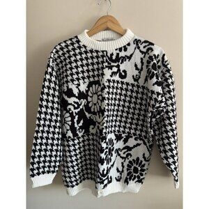 Vintage 80s Nan Dorsey Pink Black Floral Design Sweater USA Acrylic NEW With Tag